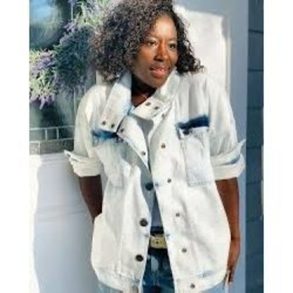Cabi Women's S Oversized Denim Shacket Acid Wash Blue White Casual Shirt Jacket